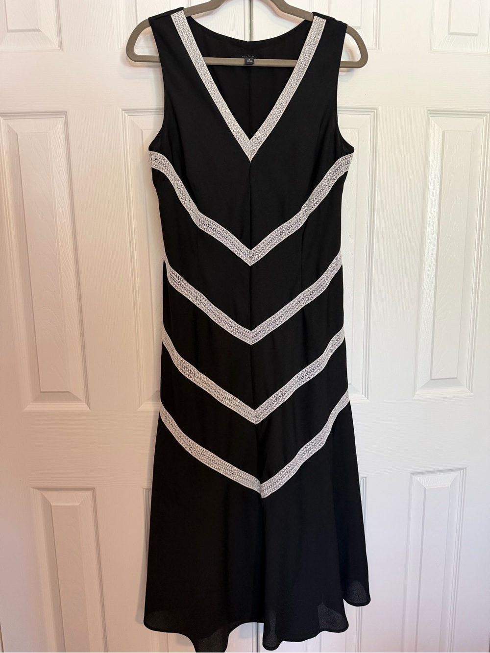 Ann Taylor Black Midi Dress with White Chevron Trim